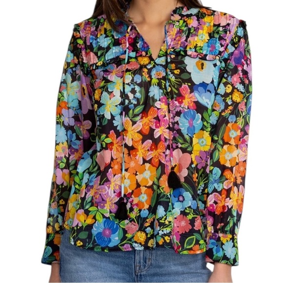 NWT Johnny Was Ruffle Yoke Blouse Floral Multicolor Top Size Small - Picture 1 of 8